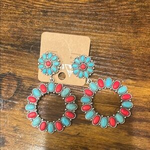 Turquoise and Red Hoop Earrings
